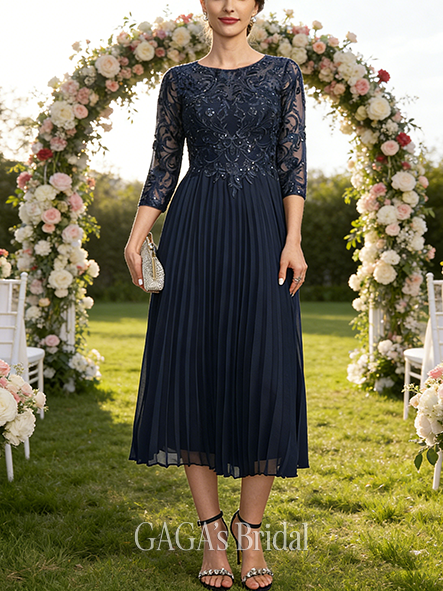 Fall A-line Sophisticated Scoop Illusion Tea-Length Lace Chiffon Mother of the Bride Dress With Pleated Sequins