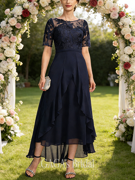 A-line Exquisite Scoop Illusion Asymmetrical Lace Chiffon Mother of the Bride Dress With Bow