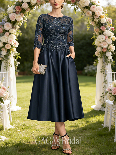 A-line Exquisite Scoop Illusion Tea-Length Satin Lace Mother of the Bride Dress With Sequins