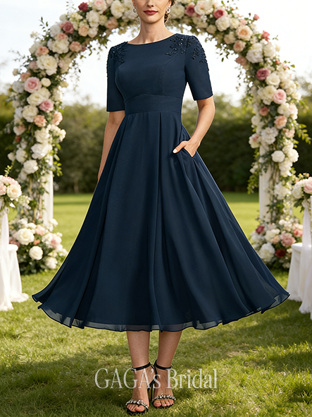 Fall A-line Sophisticated Scoop Tea-Length Chiffon Mother of the Bride Dress With Appliques Lace Sequins