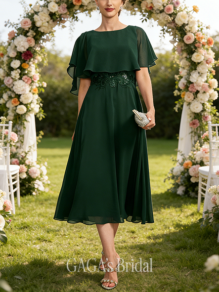 A-line Exquisite Scoop Tea-Length Chiffon Mother of the Bride Dress With Cape Sequins Appliques Lace