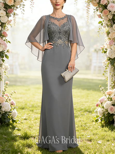 A-line Exquisite Scoop Illusion Floor-Length Lace Chiffon Mother of the Bride Dress With Sequins