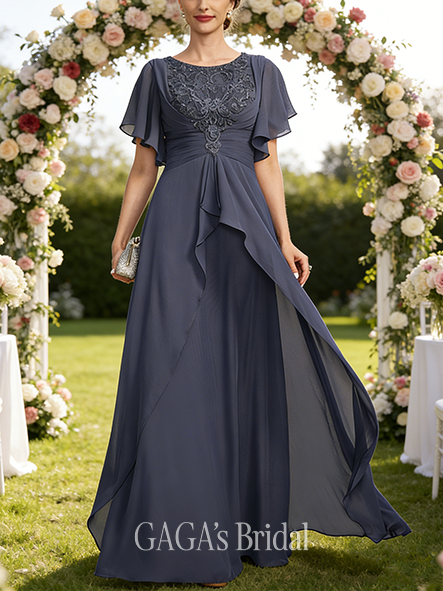 Plus Size A-line Regal Luxury Scoop Floor-Length Lace Chiffon Mother of the Bride Dress With Overskirt Pleated