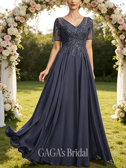 Plus Size A-line Exquisite Luxury V-Neck Illusion Floor-Length Lace Chiffon Mother of the Bride Dress With Sequins