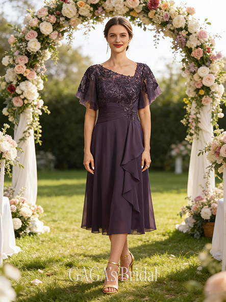A-line Exquisite Asymmetrical Asymmetrical Lace Chiffon Mother of the Bride Dress With Cascading Ruffles Sequins