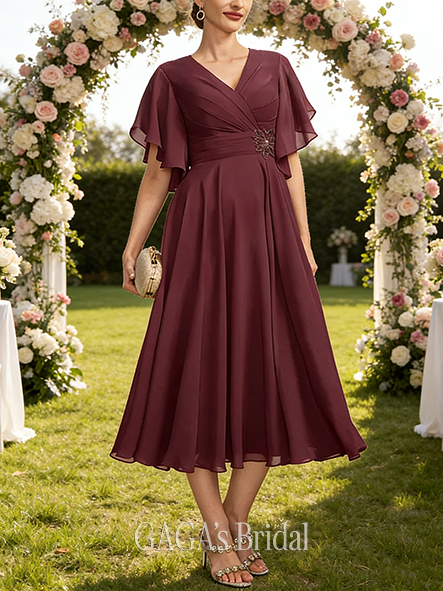 Fall A-line Sophisticated V-Neck Tea-Length Chiffon Mother of the Bride Dress With Pleated Beading