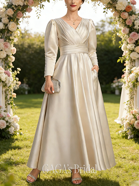 A-line Exquisite V-Neck Ankle-Length Satin Mother of the Bride Dress With Pleated