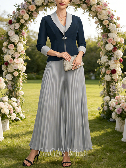 Plus Size A-line Refined Chic V-Neck Ankle-Length Chiffon Mother of the Bride Dress With Pleated Sequins Beading