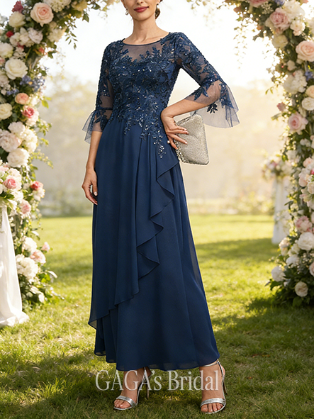 Fall A-line Sophisticated Scoop Illusion Floor-Length Lace Chiffon Mother of the Bride Dress With Cascading Ruffles Sequins