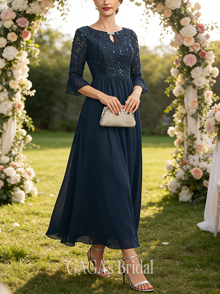 A-line Exquisite Scoop Floor-Length Lace Chiffon Mother of the Bride Dress With Crystal Brooch Sequins