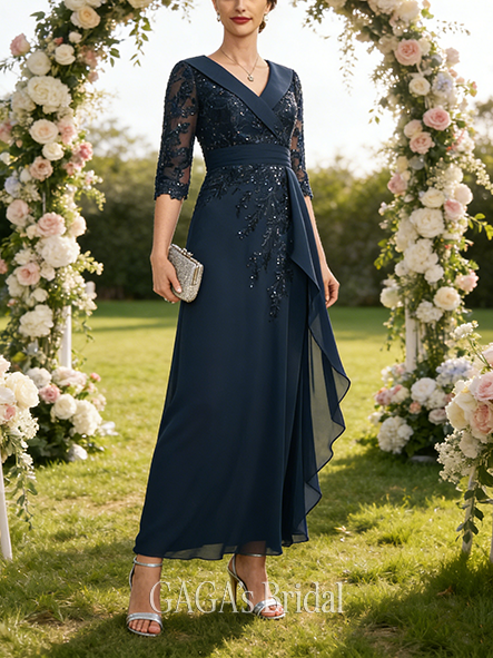 A-line Exquisite Collared V-Neck Floor-Length Lace Chiffon Mother of the Bride Dress With Sequins Cascading Ruffles