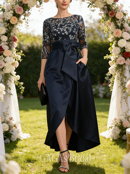 A-line Exquisite Scoop Illusion Asymmetrical Satin Lace Mother of the Bride Dress With Bow Sequins