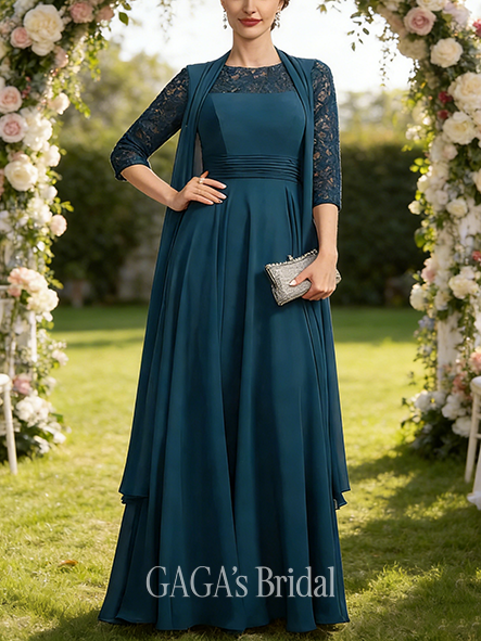 A-line Exquisite Scoop Illusion Floor-Length Lace Chiffon Mother of the Bride Dress With Pleated