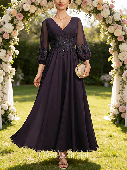 Plus Size A-line Stylish Chic V-Neck Ankle-Length Lace Chiffon Mother of the Bride Dress With Sequins