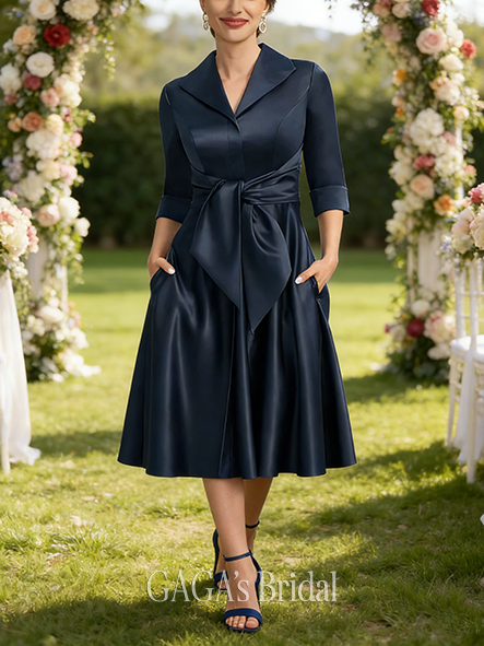 A-line Exquisite V-Neck Collared Tea-Length Satin Mother of the Bride Dress With Bow