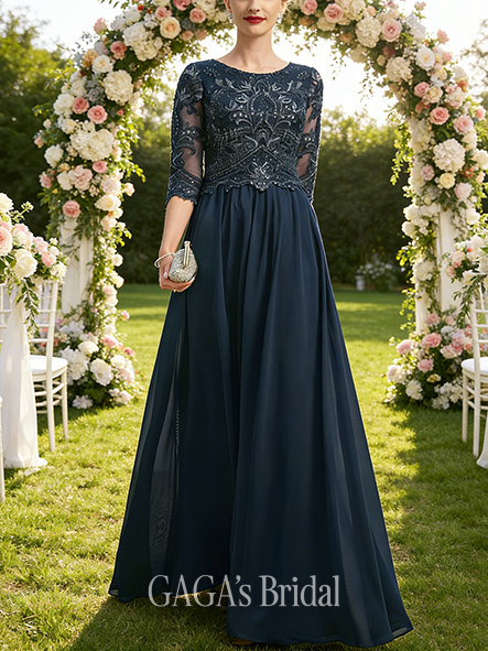 Fall A-line Sophisticated Scoop Floor-Length Lace Chiffon Mother of the Bride Dress With Sequins Pleated
