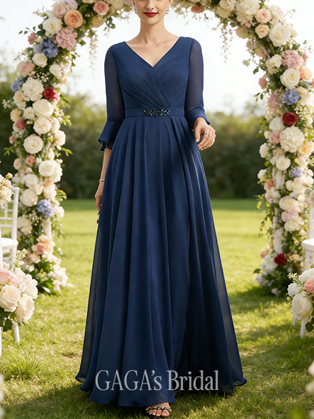 A-line Exquisite V-Neck Ankle-Length Chiffon Mother of the Bride Dress With Pleated Sequins Beading