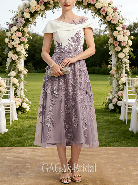 Fall A-line Sophisticated Scoop Tea-Length Lace Chiffon Mother of the Bride Dress With Sequins