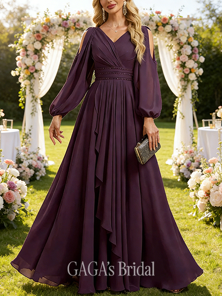 Fall A-line Sophisticated Cold Shoulder V-Neck Floor-Length Chiffon Mother of the Bride Dress With Cascading Ruffles Beading