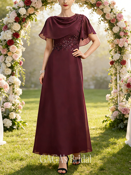 Wedding Guest A-line Refined Scoop Floor-Length Chiffon Mother of the Bride Dress With Appliques Lace Cape Sequins