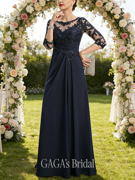 Grandmother A-line Sophisticated Scoop Illusion Floor-Length Lace Chiffon Mother of the Bride Dress With Sequins Pleated