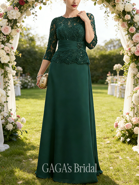 Fall A-line Sophisticated Scoop Illusion Floor-Length Chiffon Lace Mother of the Bride Dress With Pleated Sequins Beading