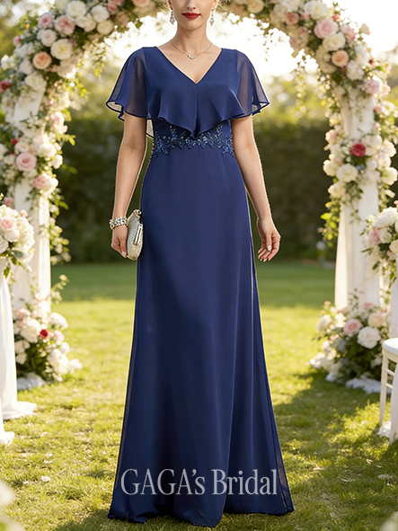 Wedding Guest A-line Refined V-Neck Floor-Length Chiffon Mother of the Bride Dress With Appliques Lace Cape Sequins Beading