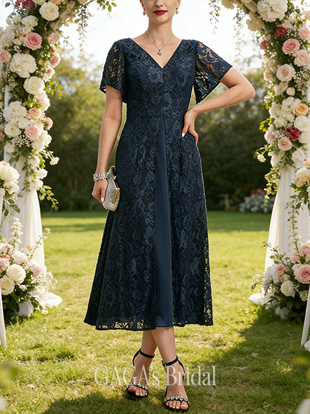 A-line Exquisite V-Neck Tea-Length Lace Chiffon Mother of the Bride Dress