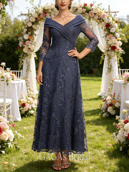 Plus Size A-line Luxe V-Neck Ankle-Length Lace Chiffon Mother of the Bride Dress With Pleated Sequins