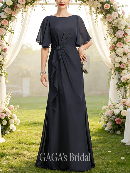 Fall A-line Sophisticated Scoop Floor-Length Chiffon Mother of the Bride Dress With Cascading Ruffles Beading Sequins