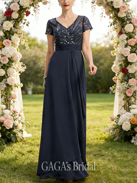 Fall A-line Sophisticated V-Neck Floor-Length Chiffon Lace Mother of the Bride Dress With Beading Sequins Cascading Ruffles