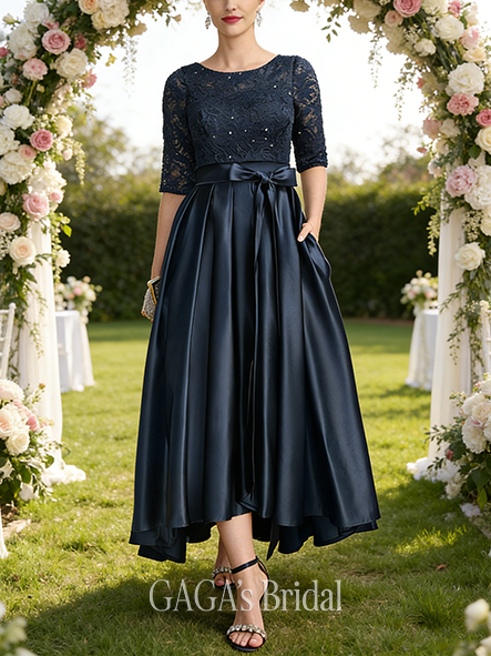 Wedding Guest A-line Refined Scoop Asymmetrical Satin Lace Mother of the Bride Dress With Bow Sequins