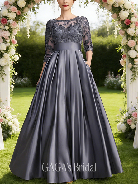 Fall A-line Sophisticated Scoop Illusion Floor-Length Satin Lace Mother of the Bride Dress With Sequins Bow