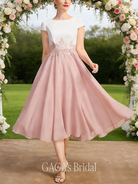 Fall A-line Sophisticated Scoop Tea-Length Chiffon Mother of the Bride Dress With Sequins Appliques Lace