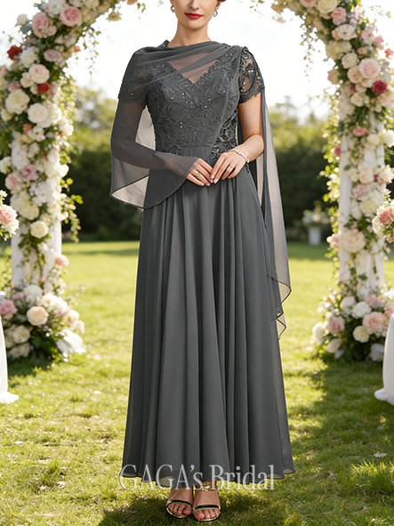 Fall A-line Sophisticated V-Neck Illusion Ankle-Length Lace Chiffon Mother of the Bride Dress With Sequins