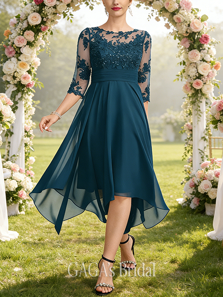 Plus Size A-line Polished Chic Illusion Scoop Asymmetrical Lace Chiffon Mother of the Bride Dress With Sequins