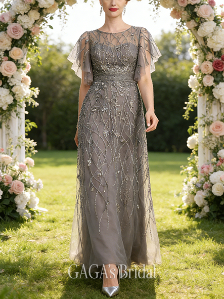 Fall A-line Sophisticated Illusion Scoop Floor-Length Lace Mother of the Bride Dress With Sequins