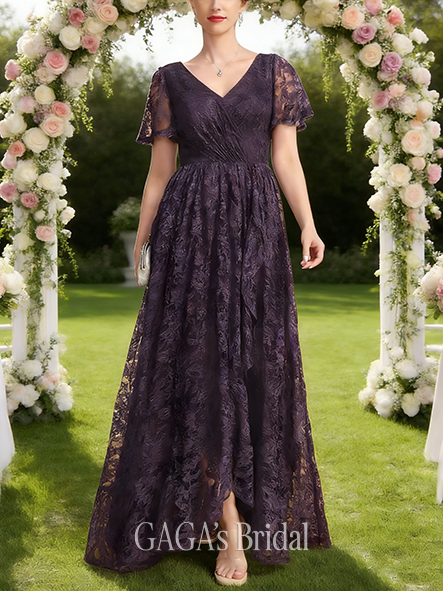 A-line Exquisite V-Neck Asymmetrical Lace Mother of the Bride Dress With Cascading Ruffles