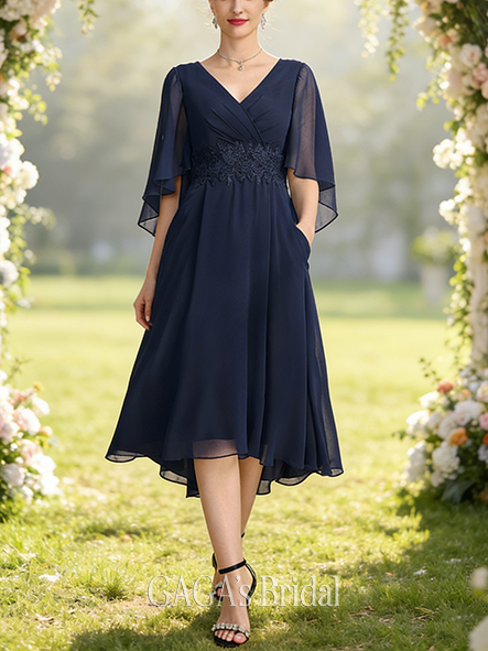 Wedding Guest A-line Refined V-Neck Asymmetrical Chiffon Mother of the Bride Dress With Pleated Appliques Lace