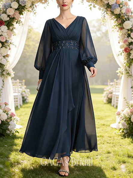 A-line Exquisite V-Neck Ankle-Length Chiffon Mother of the Bride Dress With Cascading Ruffles Beading Sequins