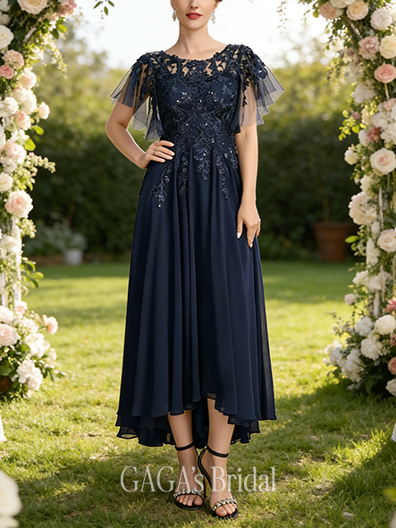 Fall A-line Sophisticated Scoop Illusion Asymmetrical Lace Chiffon Mother of the Bride Dress With Sequins