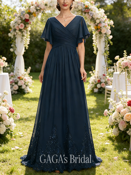 Grandmother A-line Sophisticated V-Neck Floor-Length Chiffon Mother of the Bride Dress With Pleated Sequins Appliques Lace