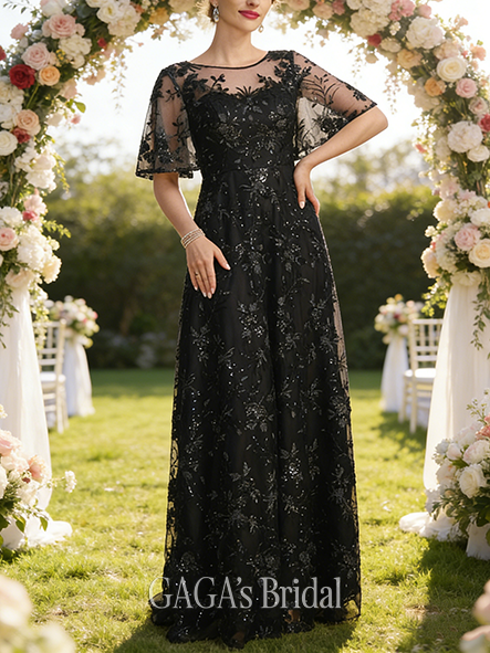 Fall A-line Sophisticated Scoop Illusion Floor-Length Sequin Lace Mother of the Bride Dress