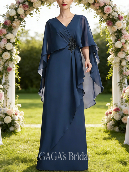 Wedding Guest A-line Refined V-Neck Floor-Length Chiffon Mother of the Bride Dress With Beading Cape Cascading Ruffles