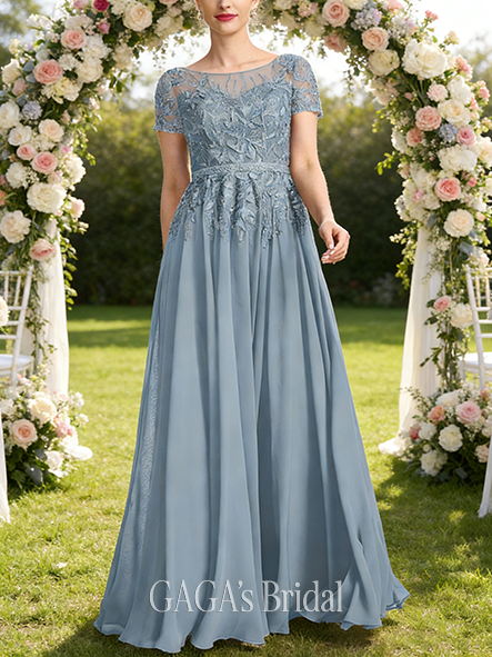 Grandmother A-line Sophisticated Illusion Scoop Floor-Length Lace Chiffon Mother of the Bride Dress With Sequins