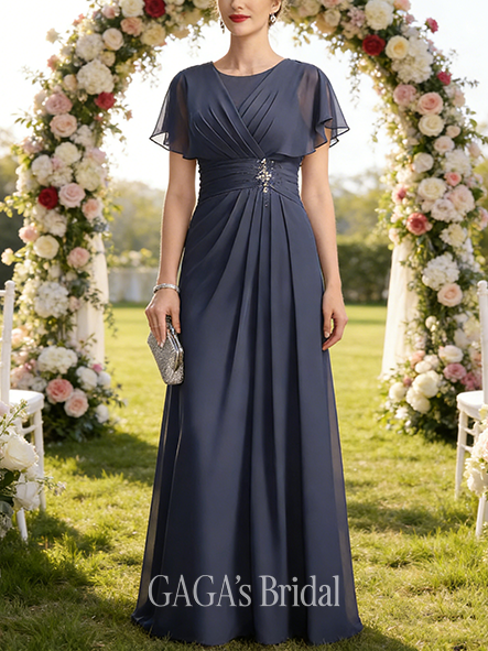 A-line Exquisite Scoop Floor-Length Chiffon Mother of the Bride Dress With Pleated Beading