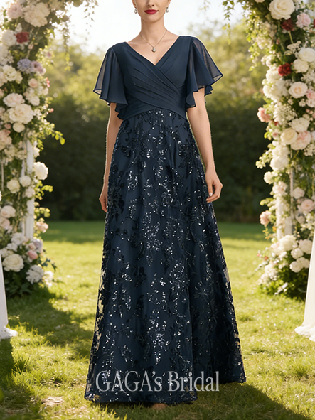 A-line Exquisite V-Neck Floor-Length Lace Sequin Chiffon Mother of the Bride Dress With Pleated