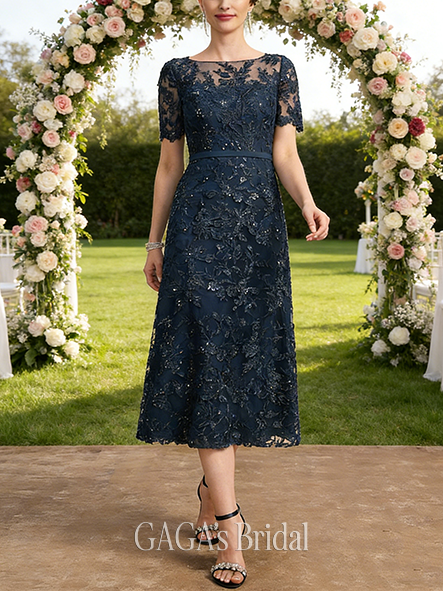 A-line Exquisite Scoop Illusion Tea-Length Lace Mother of the Bride Dress With Sequins