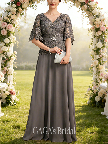 New Arrival A-line Sophisticated Chic V-Neck Floor-Length Chiffon Lace Mother of the Bride Dress With Crystal Brooch Rhinestone