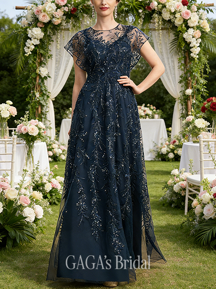 Plus Size A-line Polished Chic Scoop Illusion Floor-Length Tulle Lace Mother of the Bride Dress With Sequins